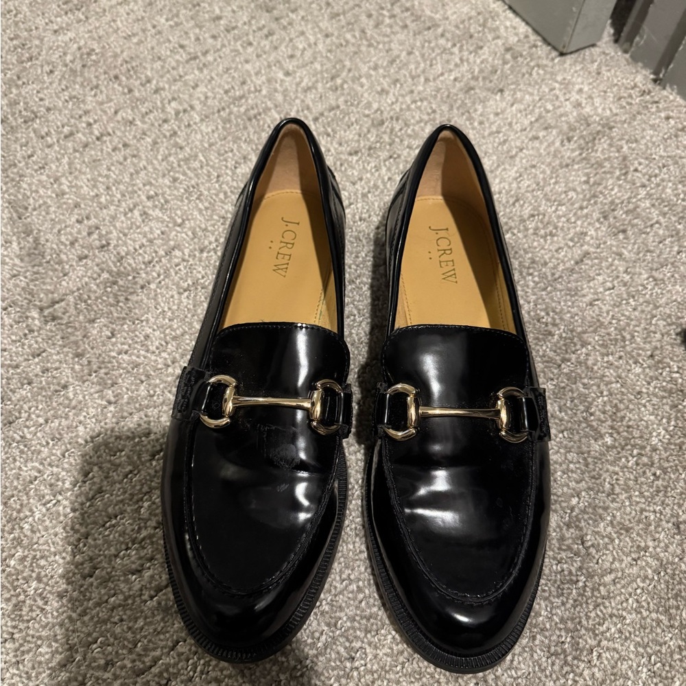 J. Crew Shiny Black Loafers with Gold Accent